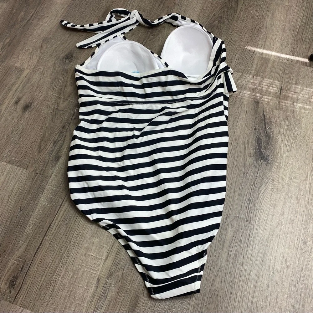 Motherhood Maternity Beach Bump NWT One Piece Swimsuit Black White Stripe Halter